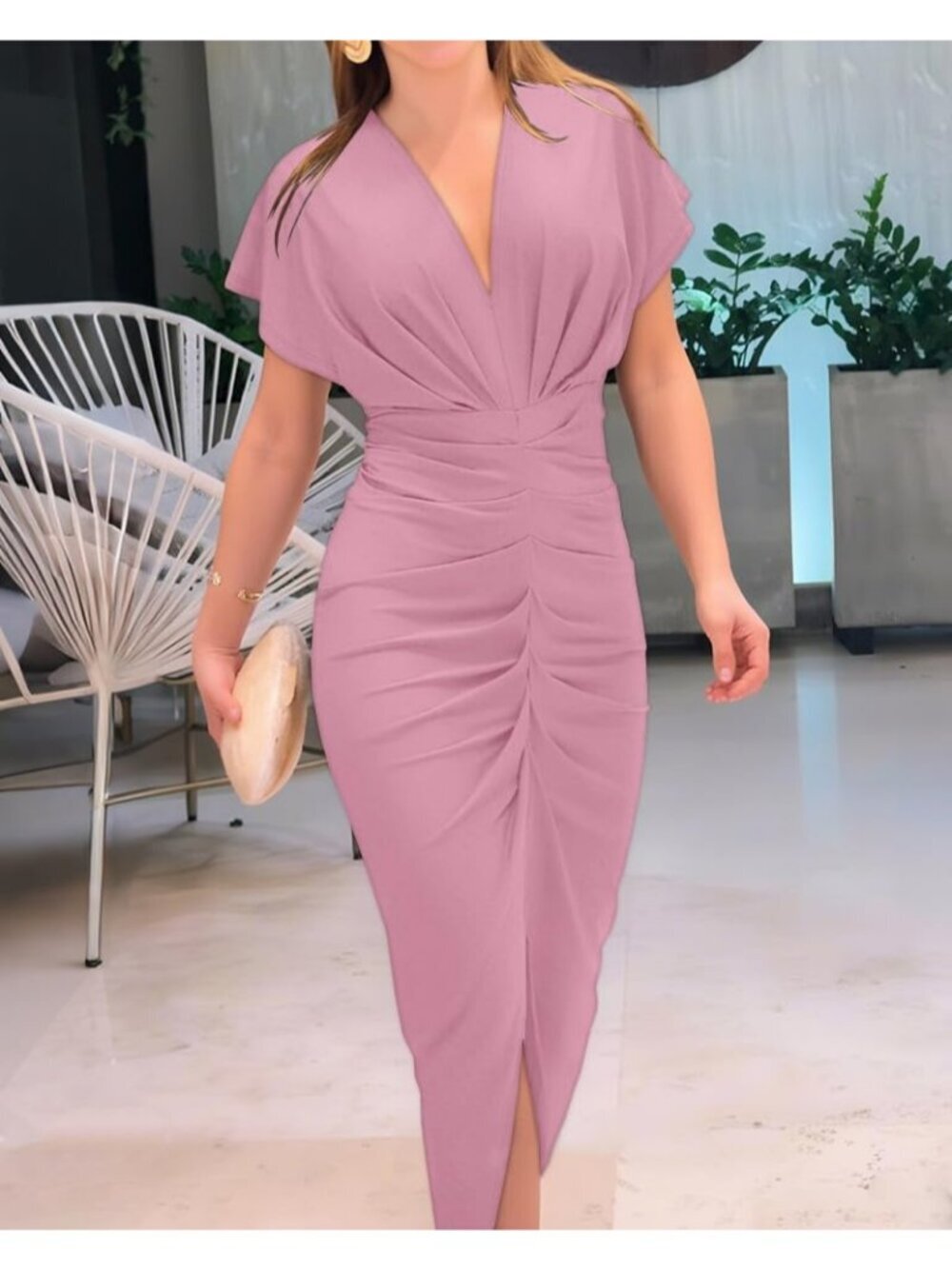 Women's Pink Polyester Elastane Floral Print V Neck Slit Bodycon Midi Dress - Picture 6 of 6